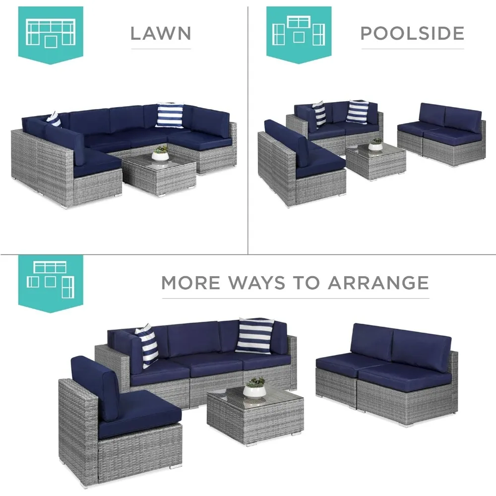 Garden Sofas, 7-Piece Modular Outdoor Sectional Wicker Patio Conversation Set w/ 2 Pillows,  Cover Included, Garden Sofas