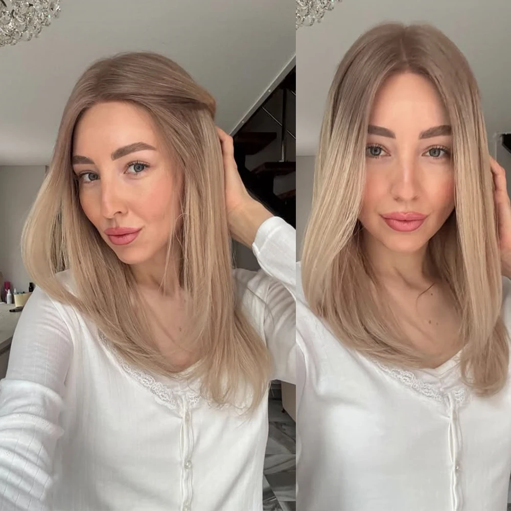 Realistic Look Natural Hairline Glueless Wigs Ombre Ash Blonde With Streaks Synthetic Lace Front Wig Short Straight For Women