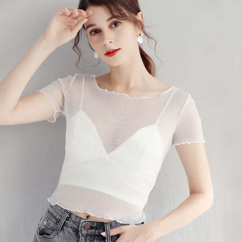 Perspective Sexy Mesh Crop Top For Women Summer Slim Shiny Short Sleeve O Neck Tops Female Party Nightclub Streetwear T Shirts