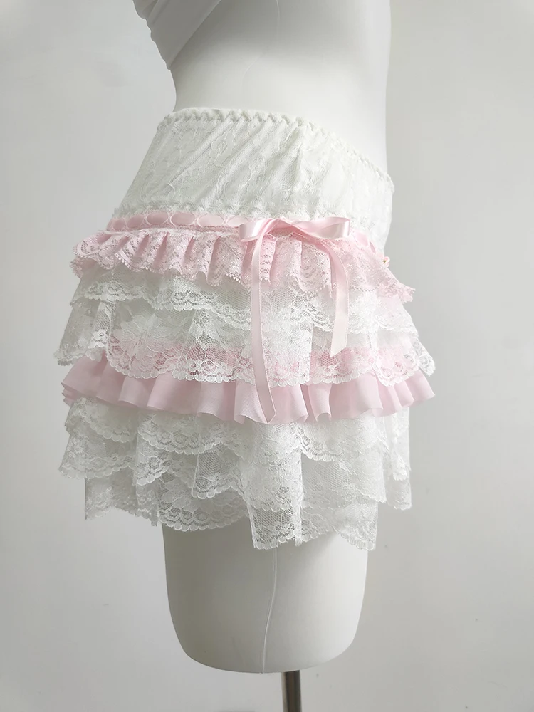 Cute Shorts for Sweet Girls Flowers Pink Lace Patchwork Elastic Waist Lolita Style Multilayer Bottoming Shorts Kawaii Clothes