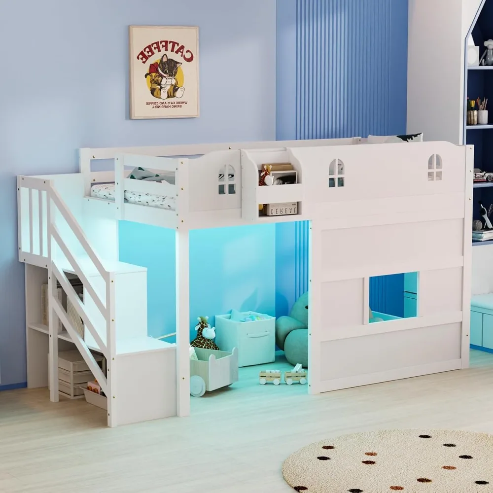 Low Loft Bed with Led Light, Loft Beds Twin Size with Castle Guardrail and Window, Smart APP Control, Twin Loft Bed for Kids