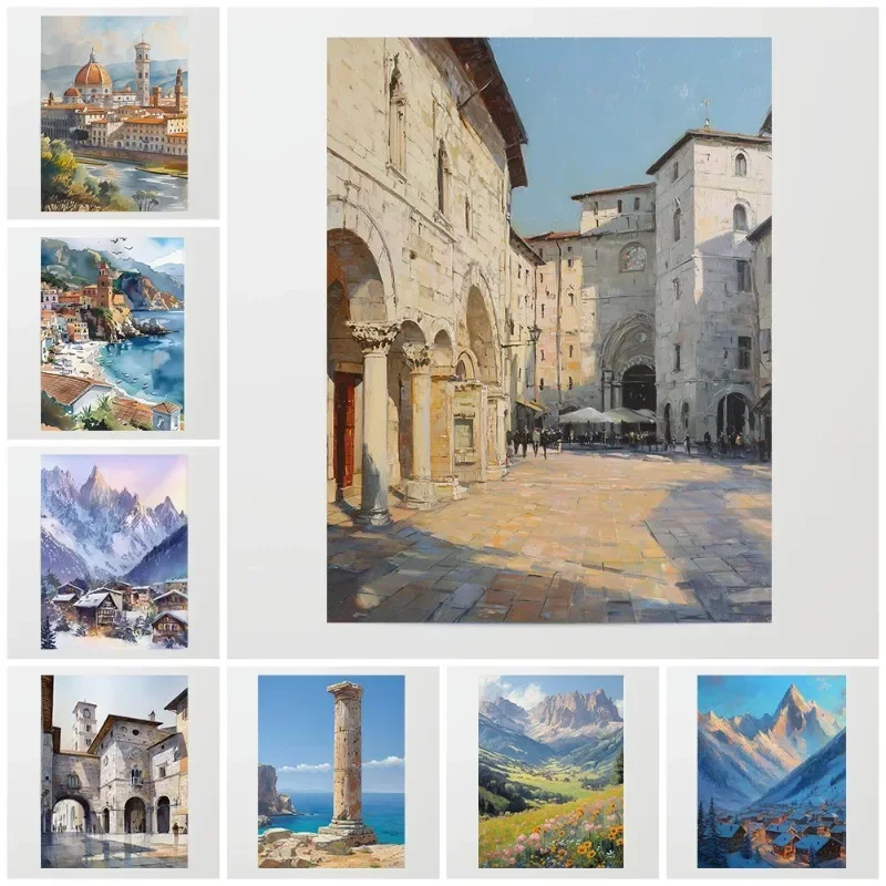 1PCS frameless  Canvas Painting Italy Lake Iseo Genoa Coastline Canvas Print Vintage Travel Poster Treviso Canal Wall Art Retro