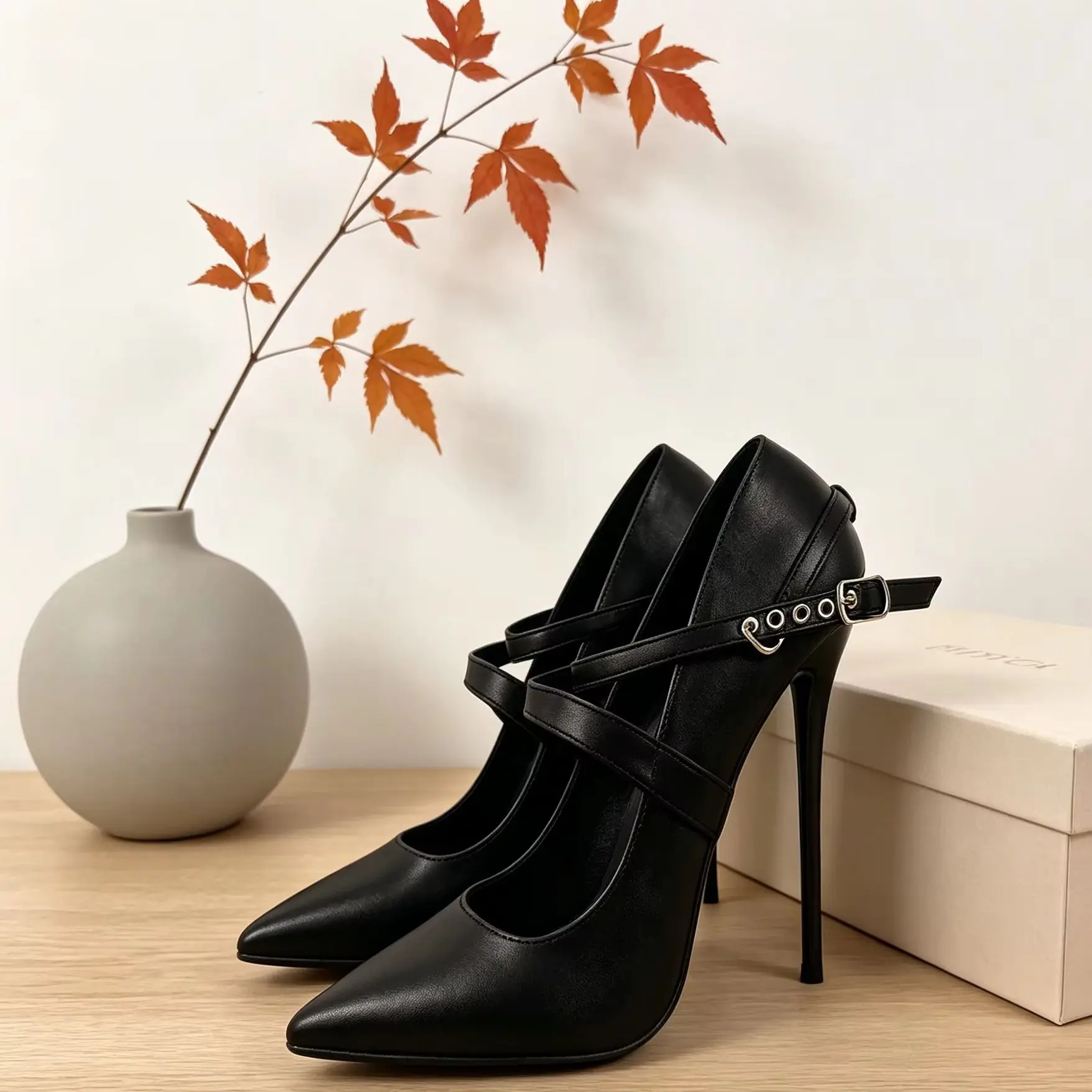 Black Cross Buckle Strap Women Shoes Pumps Pointed Toe Shallow Thin High Heels Slip on Female Single Large Size Sexy Party Heels