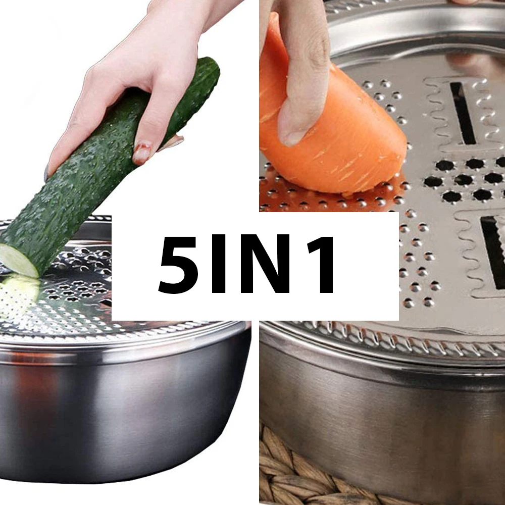 5 in 1 Kitchen Tool Stainless Steel Drain Pot Food Chopper Vegetable Cutter Peeler Hand Held Slicer Grater Kitchen Accessories