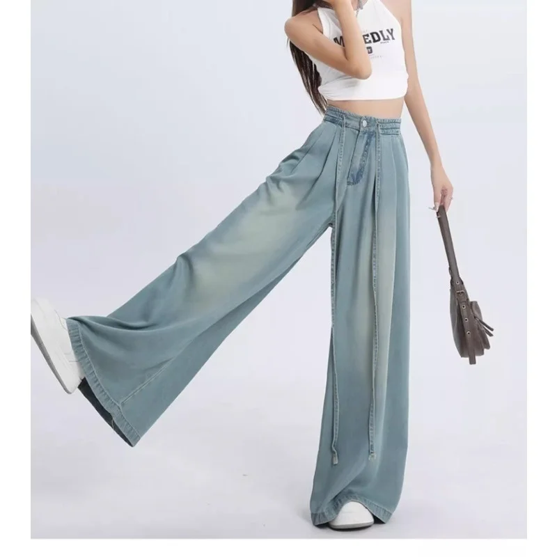 2026 Summer Women's Light Blue Wide Leg Flare Jeans Thin Draped Casual Denim Pants