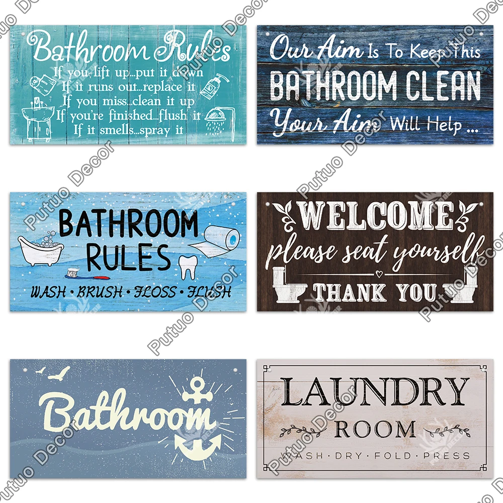 Putuo Decor Bathroom Wooden Signs Wood Wall Art Plaque Decorative Plates for Toilet Home Laundry Door Bar Pub Cafe Beach