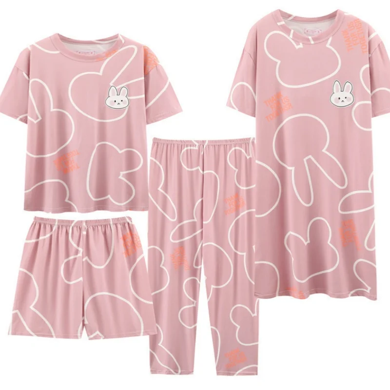 Women Summer Four Pieces Set Short Pajama With Nightdress Short Sleeve Top Shorts Pants7 Thin Printing Cartoon O-neck Loose Cute