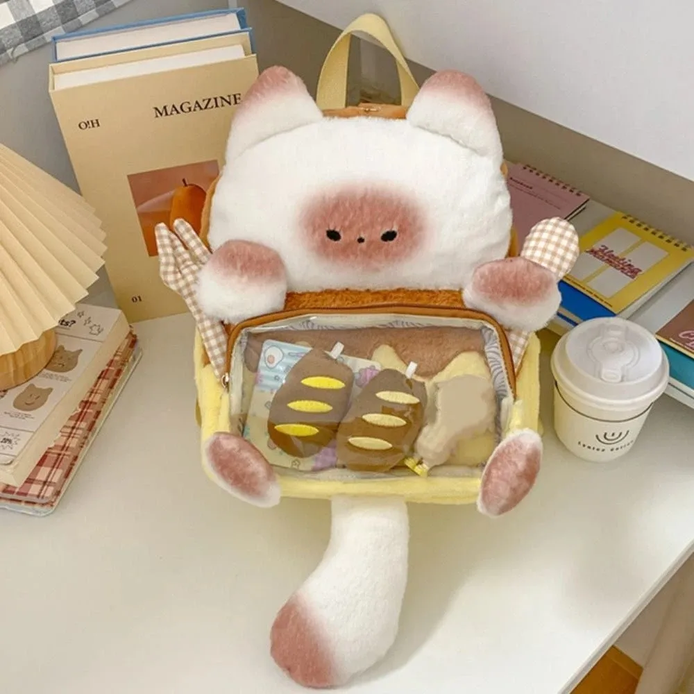 

Модный плюшевый рюкзак в стиле кавайи с милым прозрачным дизайном «Хлебный кот», мягкий пушистый школьный рюкзак для студентов, сумка для покупок