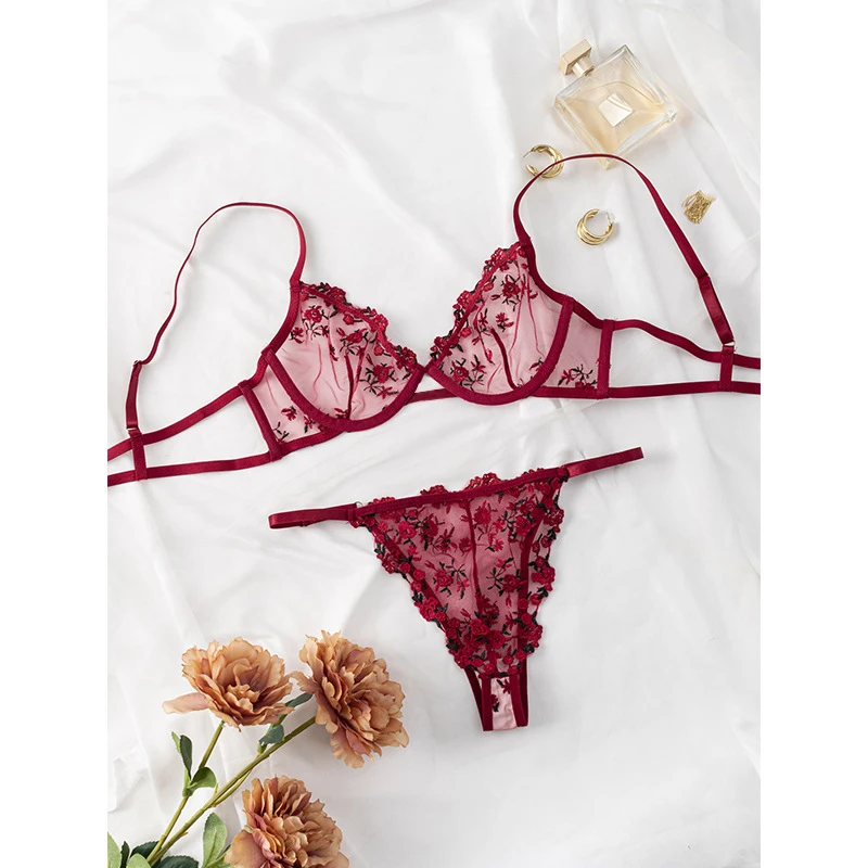 Women\'s Super Sexy Transparent Thin Lace Flower Embroidered Lingerie Two-piece See-through Panties V-neck Bra Set