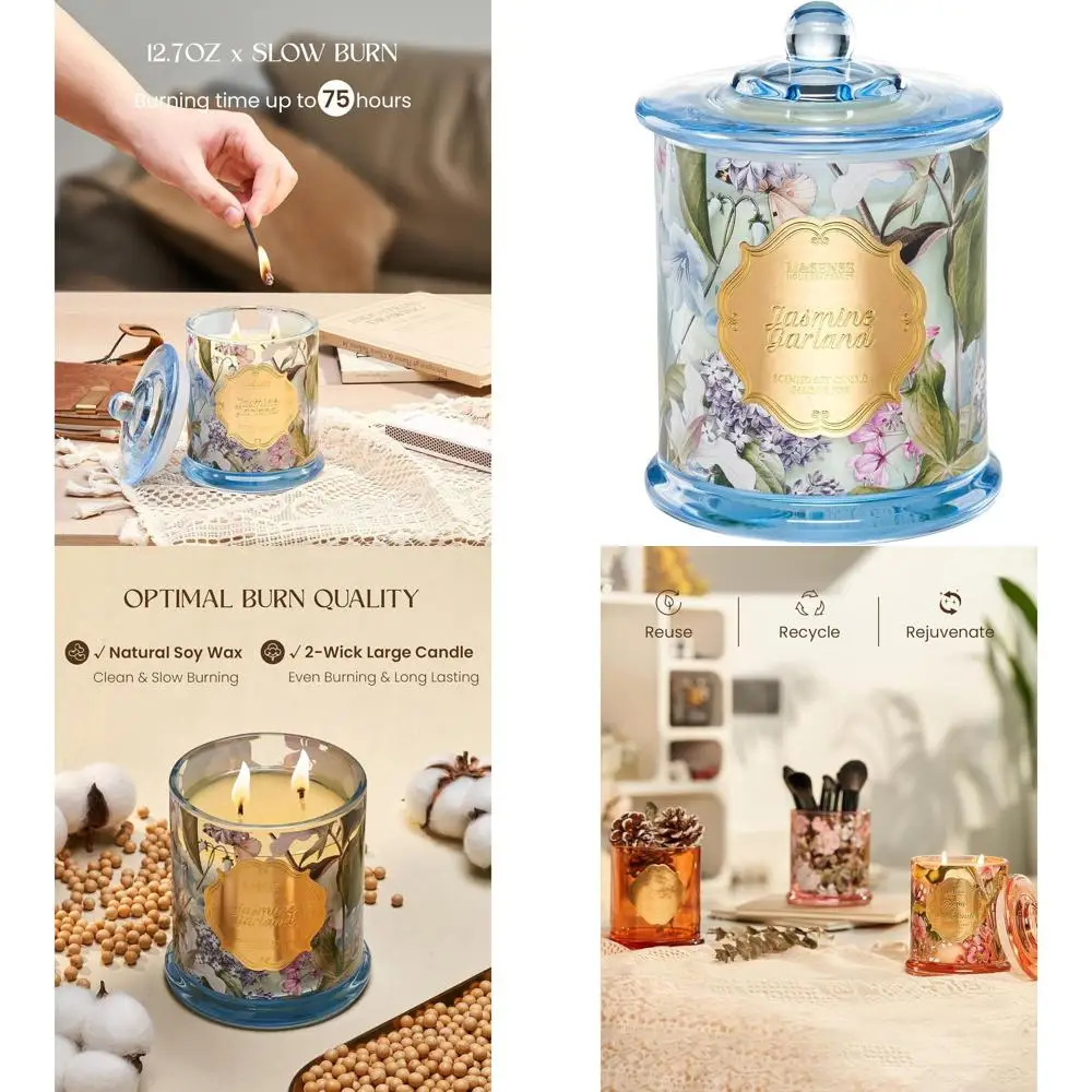 

Jasmine Scented Candles, Organic Soy Candle 12.7oz 75 Hour Long Lasting Slow Burning, Highly Scented Good Smelling Aromatherapy