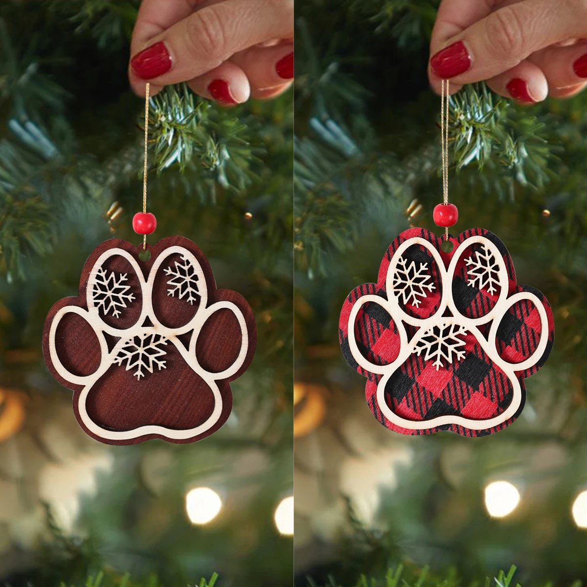 Christmas Dog Paw Double Layer Wooden Pendant Navidad Natal Noel Tree Pendant Merry Christmas Decor For Home 2024 New Year 2025