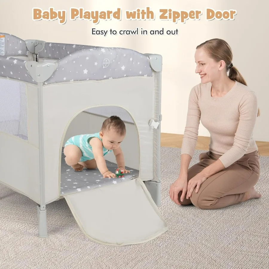 Pack and Play with Bassinet 5in1 Baby Bedside Sleeper w Diaper Changing Table Storage Bag Toy Arch Music Box Detachable Side Ra