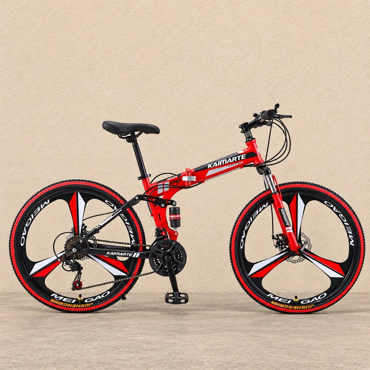 24 Inch Red 3-Spoke Wheel Folding Mountain Bike with Dual Shock Absorption Disc Brake