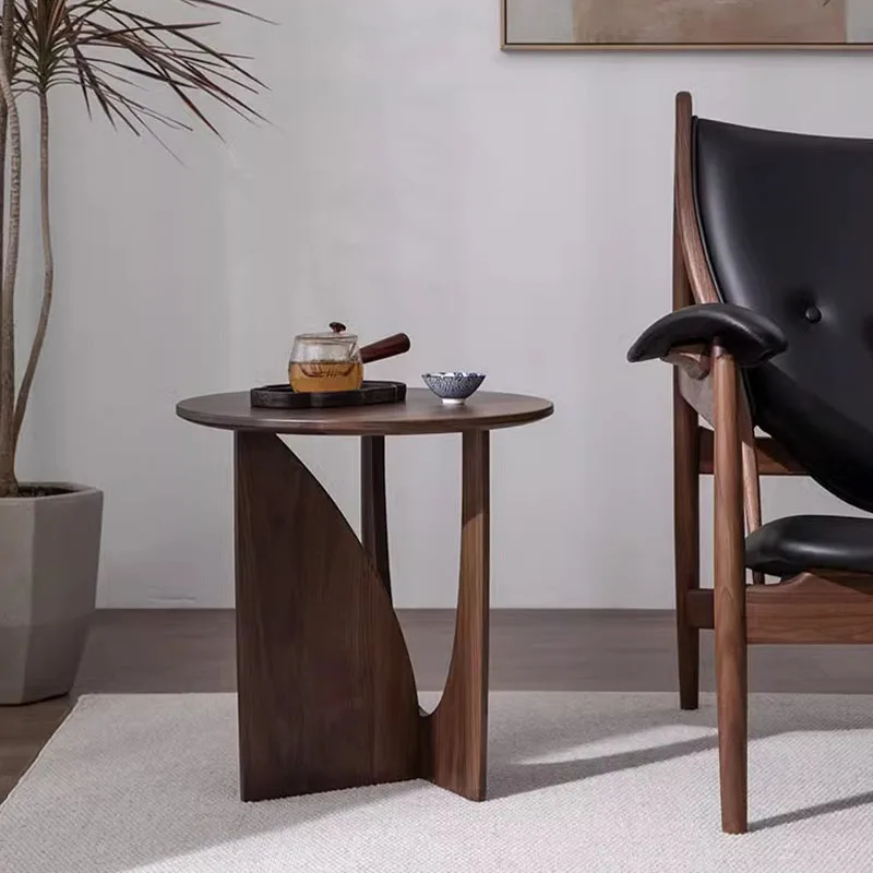 Nordic Round Coffee Table Solid Wood Sofa Side Table Black Walnut Bedside Desk Minimalist Living Room Furniture for Small Spaces