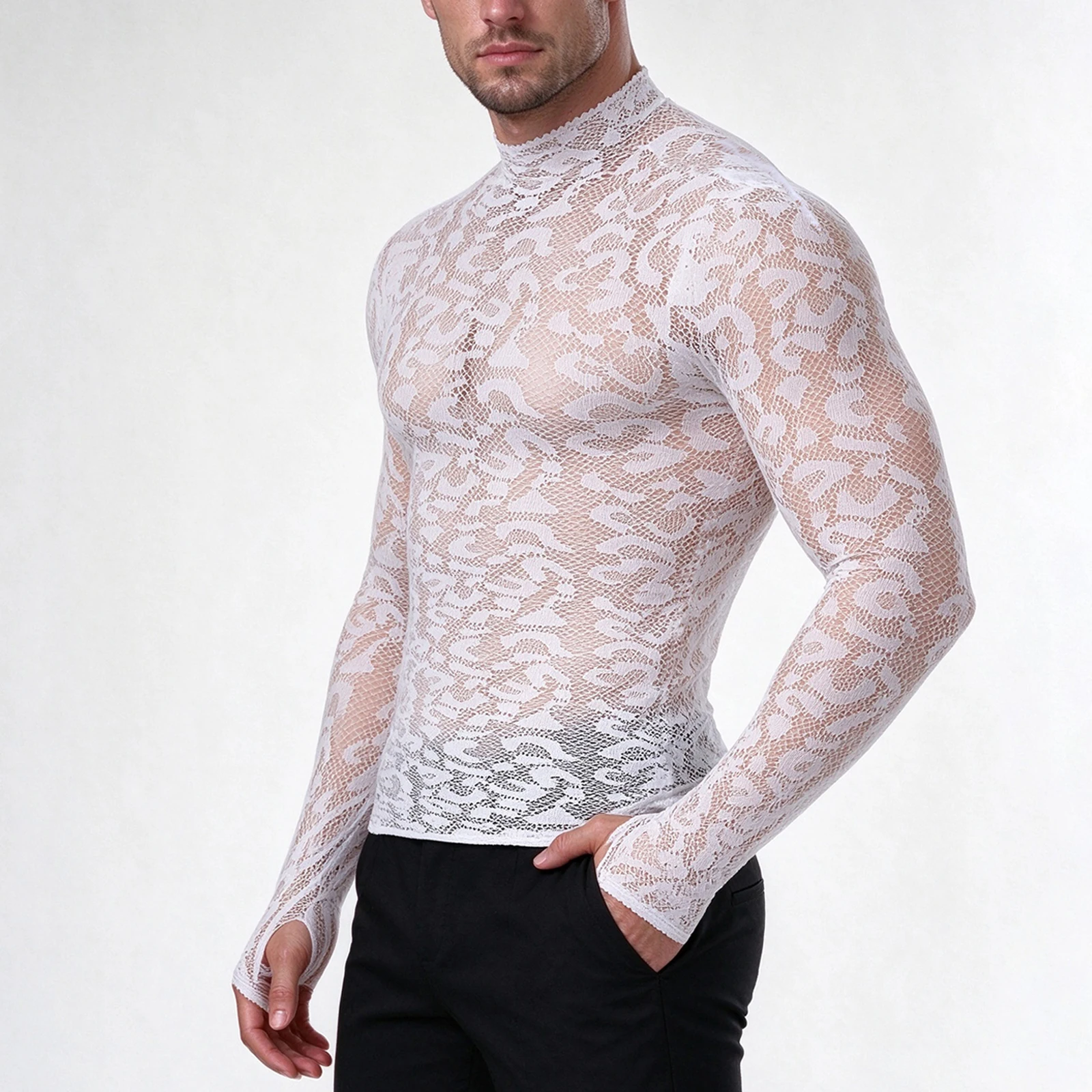 Sexy durchsichtiges Leoparden-T-Shirt, Netzstoff, langärmelig, Spitzen-Unterhemd, Herbst, Stehkragen-T-Shirt, transparente Oberteile mit Fingerbündchen – Detail 14