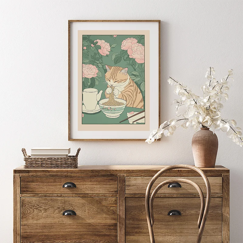 القط الاسكتلندي في حوض الاستحمام المشارك طباعة القط الأسود العانس القط الأكل رامين قماش اللوحة اليابانية جدار الفن الحمام ديكور المطبخ