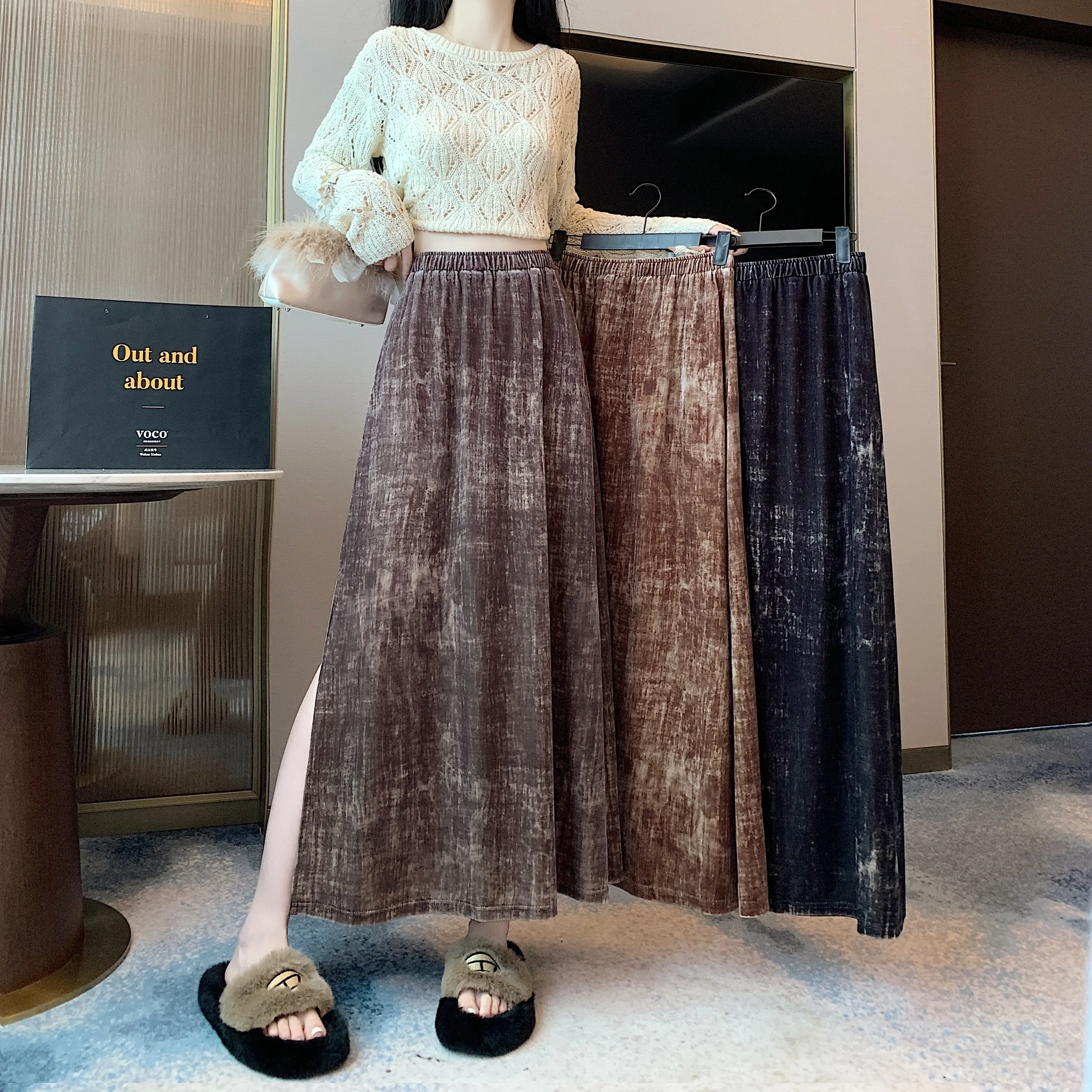 2024 Autumn Winter New Retro Velvet Split Skirt High Waist Slim A-line Long Skirt Streetwear Harajuku