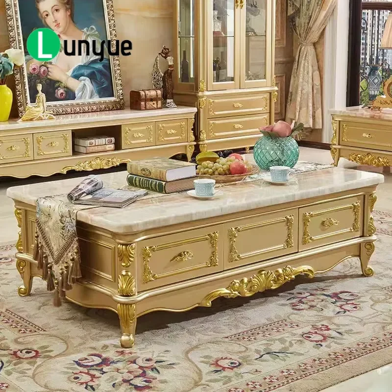 European Solid Wood Coffee Table with Marble Top and Storage Drawers Modern Living Room Furniture Minimalist Design