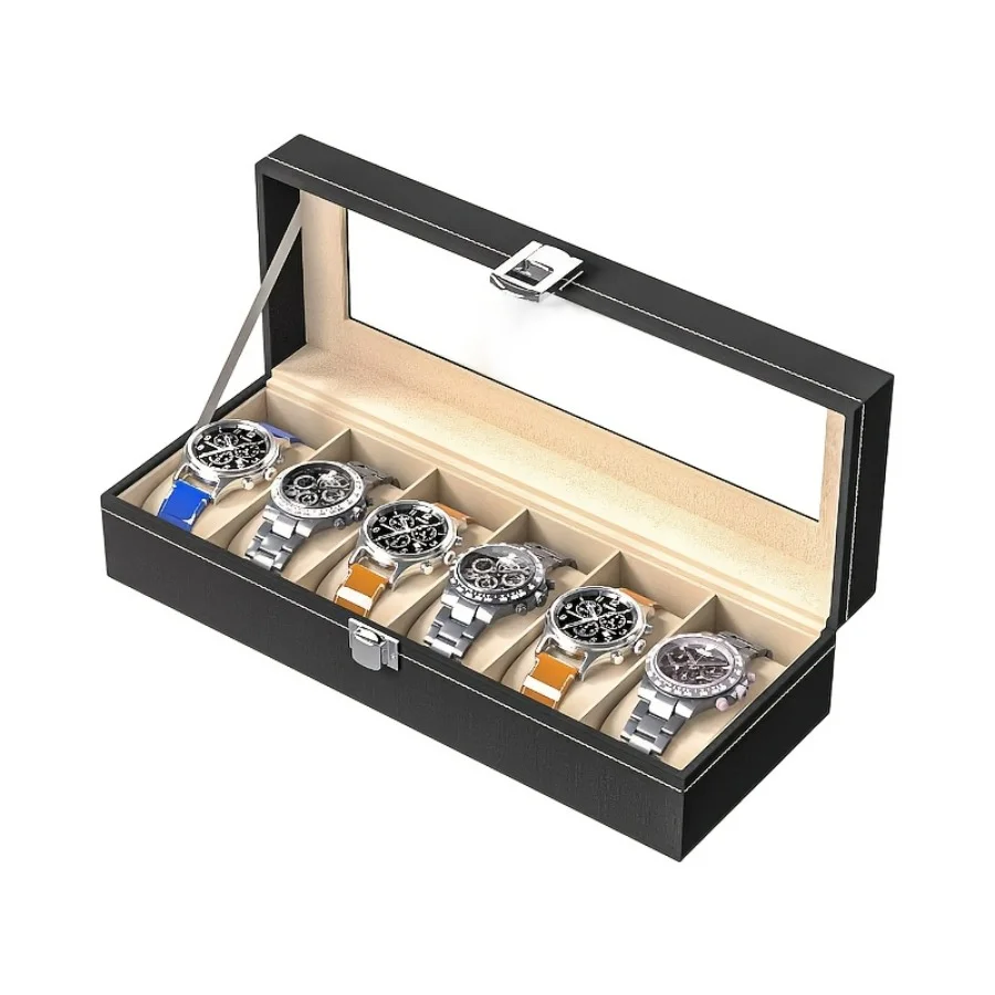 

Органайзер для хранения часов для мужчин с кронштейном-держателем, подарок — футляр для часов из искусственной кожи с прозрачной крышкой