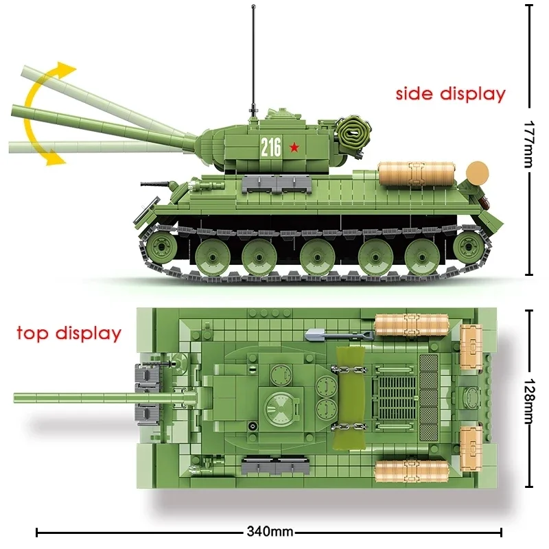 子供のためのロシア軍戦車ビルディングブロック、中型戦車レンガ、兵士軍の武器、重いおもちゃ、子供の贈り物、ww2,T-34