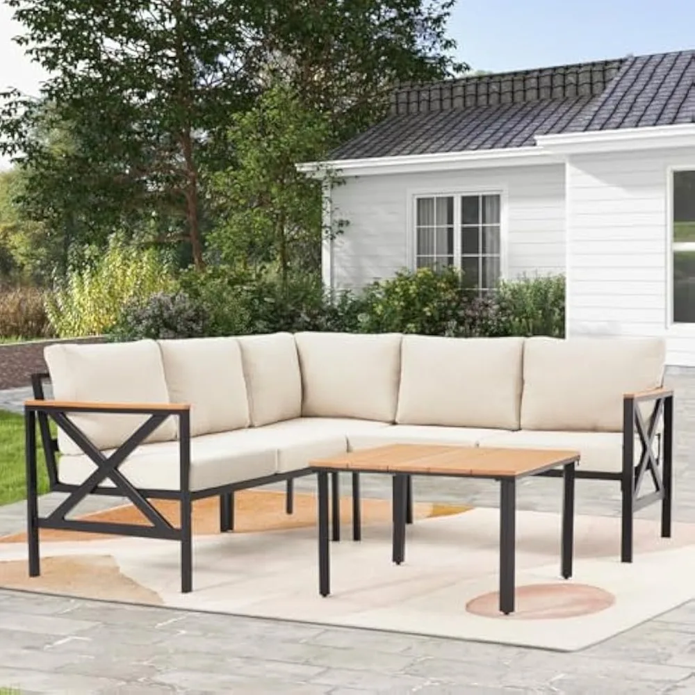 

6-Piece L-Shaped Outdoor Metal Patio Furniture Set with Fauxwood Coffee Table and Sectional Sofa