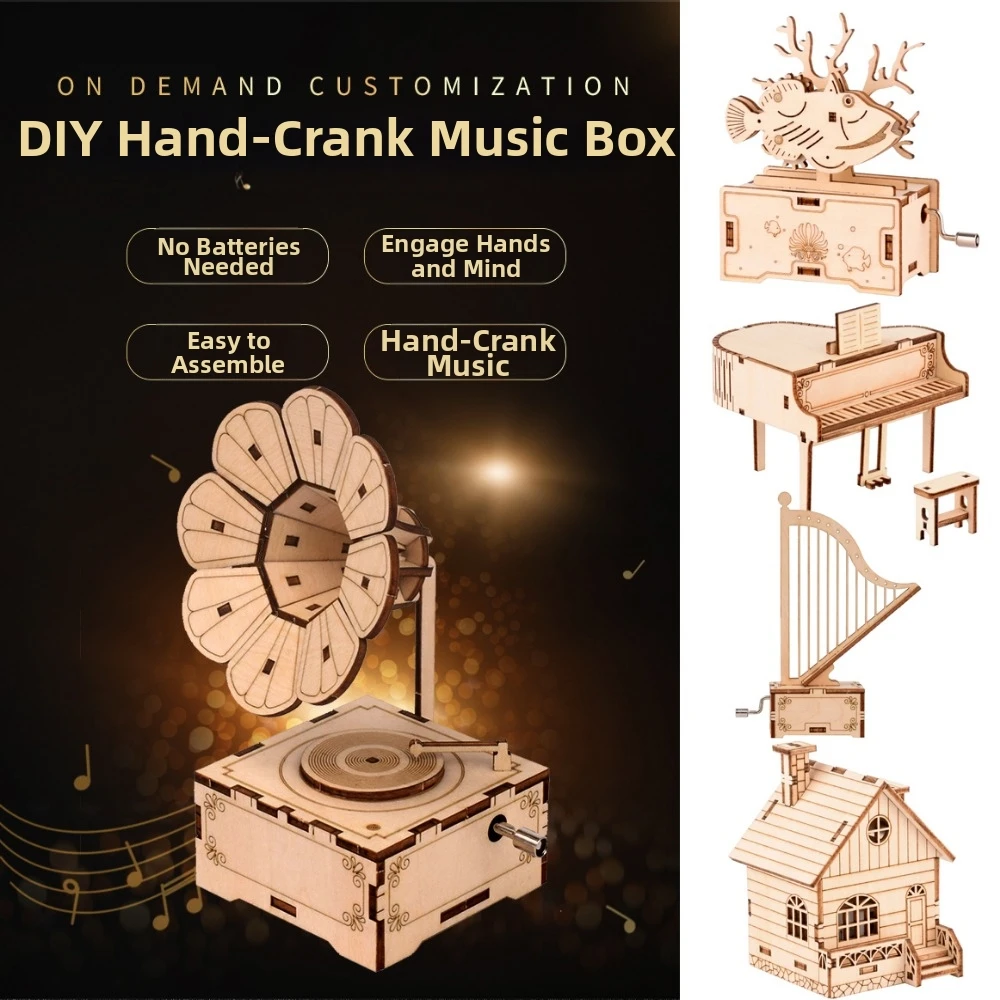 New Music/Voice Creative Gramophone Wood DIY Phonograph Musical Potential Box 9 Styles Children's Puzzle