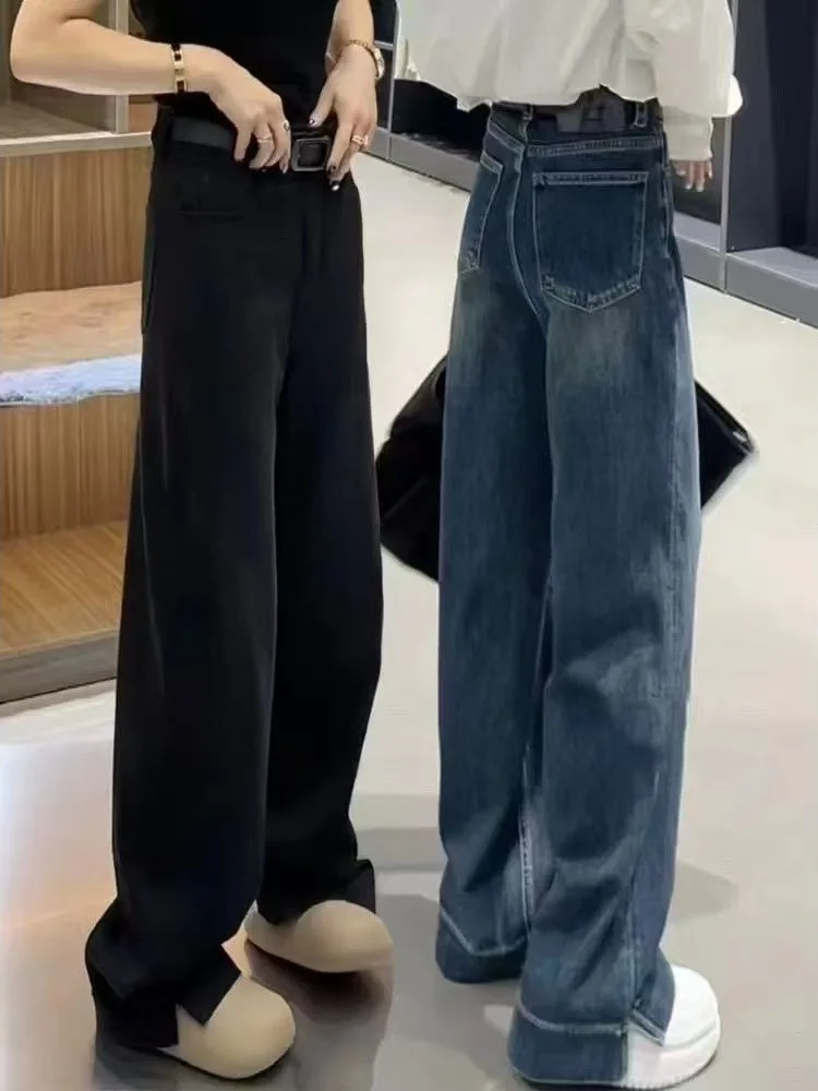 

Retro Distred Slim Fit Wide Leg Denim Jeans Women Loose High Waist Slim Straight Casual Long Trousers Small Stature