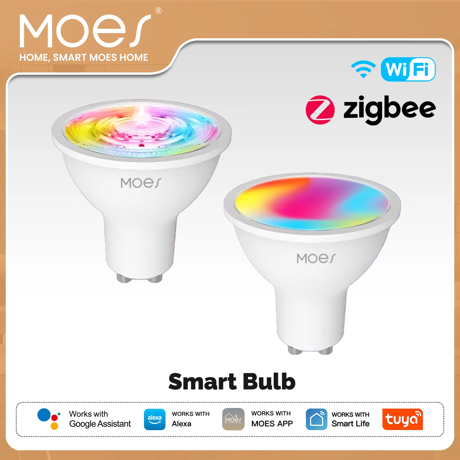 MOES Tuya ZigBee/WiFi GU10 Smart LED Bulb RGB+C+W White Dimmable Lamp Smart Life App Control Voice Alexa Google