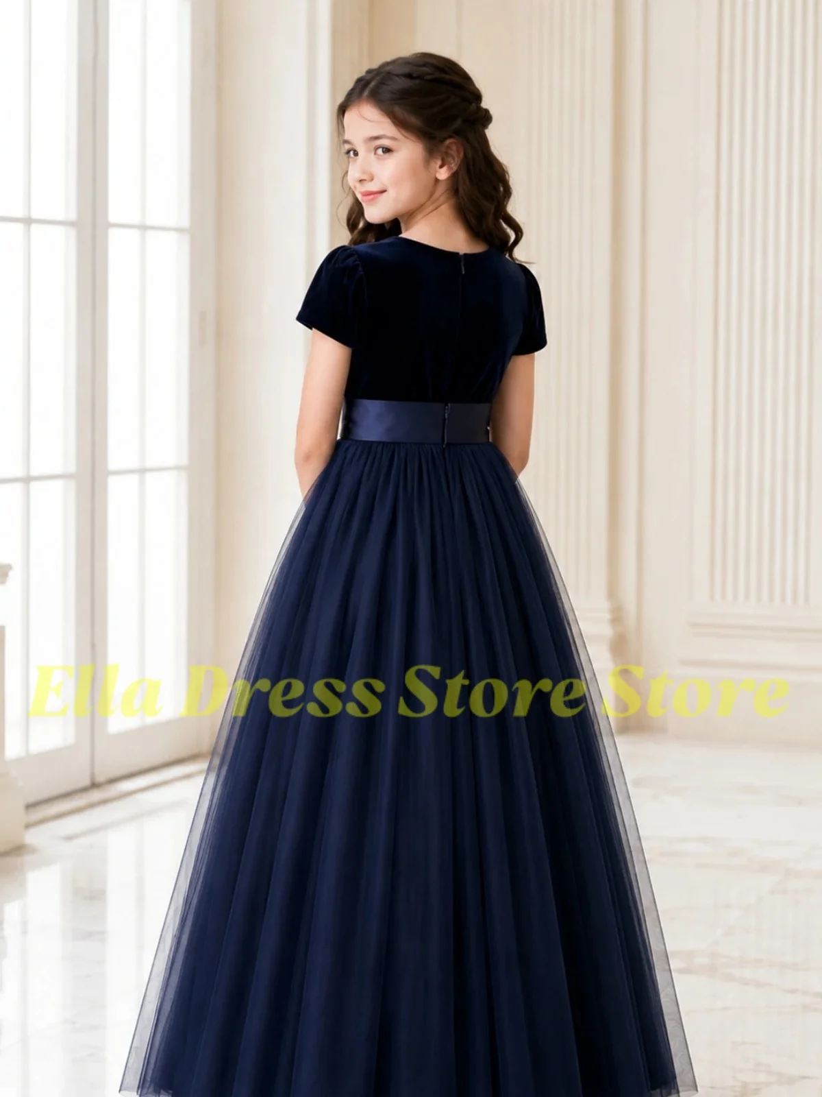 Maßgeschneidertes Blumenmädchenkleid für Hochzeiten, Kurzarm, Hohe Taille, Bodenlang, Elegantes Kinder-Geburtstagskleid, Erstkommunionkleid – Detail 2