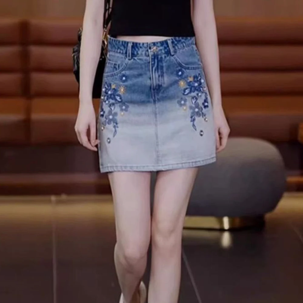 Gradual c embroidery denim skirt women's summer 2025 new high waist thin a word skirt hip skirt