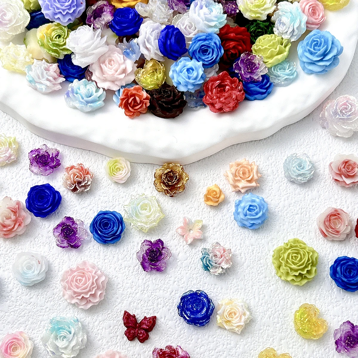 50PCS Multiple Colors Luminous Resin Flower Series Nail Charms 3D Sweet Peony Rose Camellia Mixed Nail Art Decorations DIY Nails