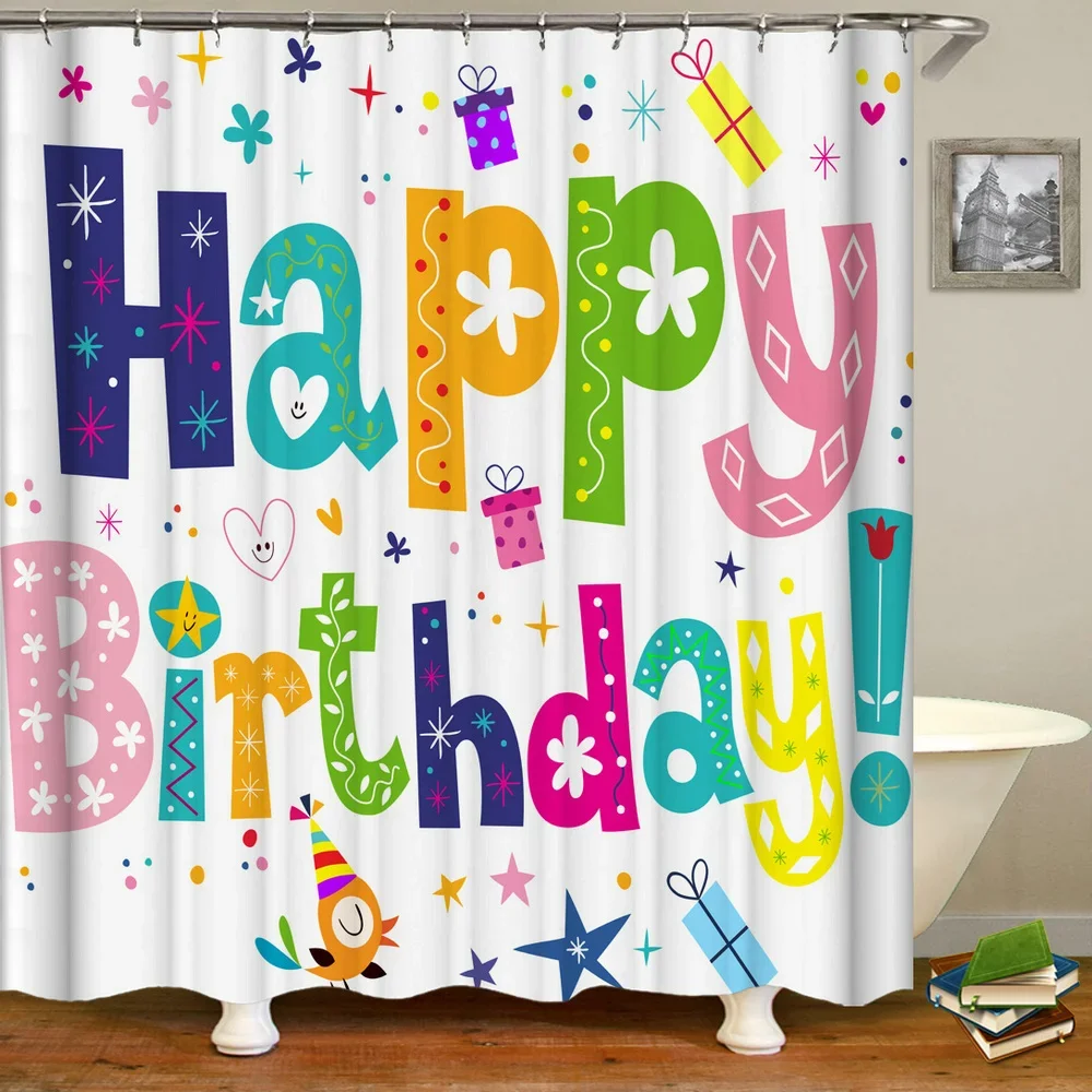 Happy Birthday Shower Curtain for Bathroom,Colorful Birthday Banner Backdrops Birthday Yard Sign Background Cartoon Party Decor