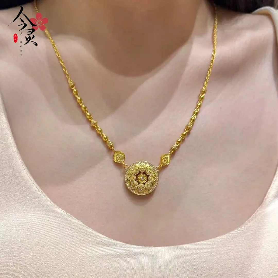 

9999 24K real gold necklaces for women ancient method point diamond lotus pendant temperament light luxury high-end necklace