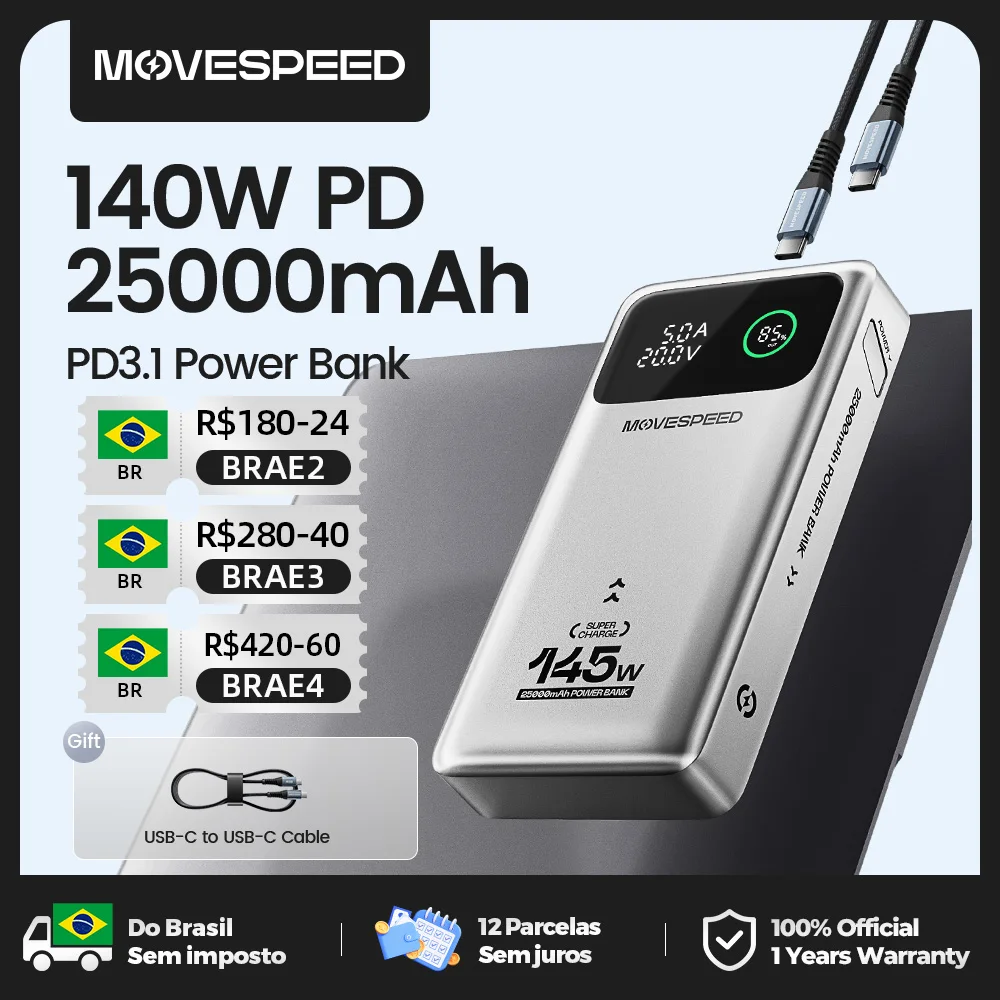 Movespeed m25pro 140w power bank 25000mah pd3.1 carga rápida bateria externa portátil 100w powerbank para macbook notebook portátil