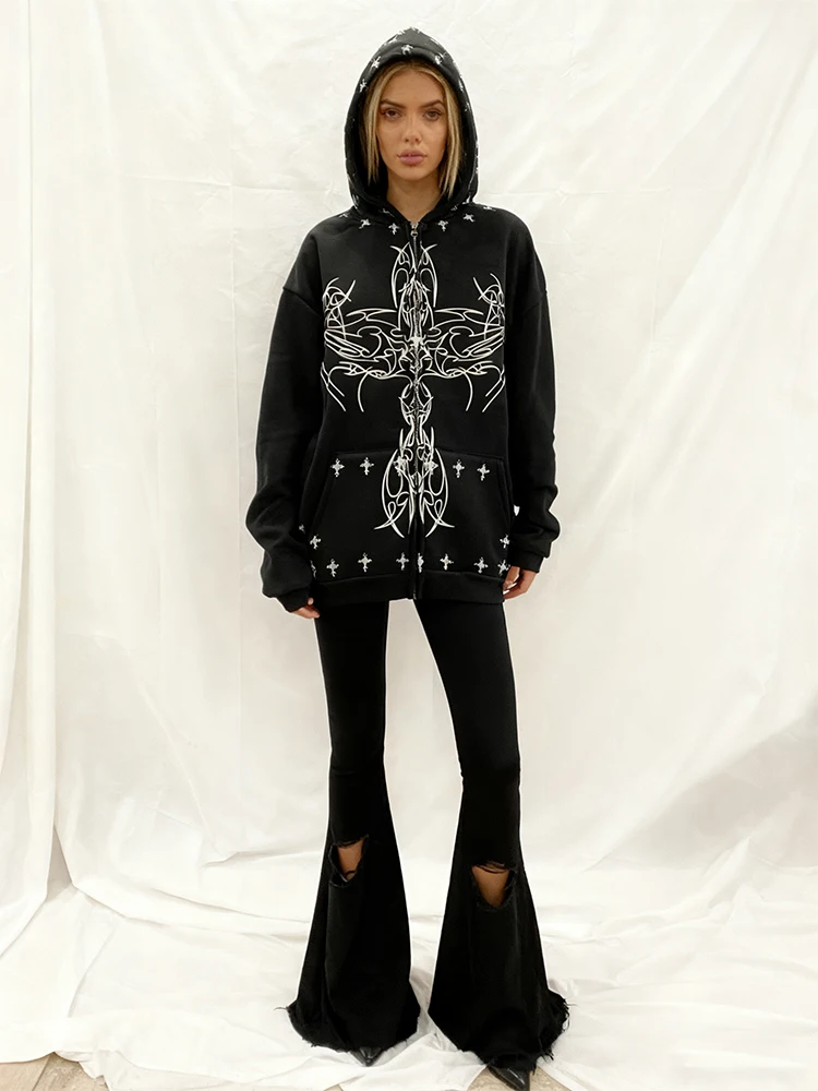 

Осенне-зимний новый модный темный кардиган с капюшоном в стиле Харадзюку, модный ретро-кардиган с принтом, женская толстовка с капюшоном, одежда Y2k