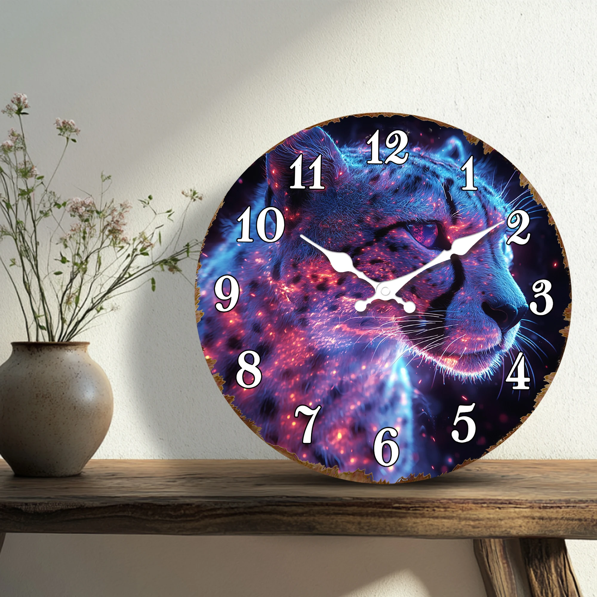 Nebula Cheetah Portrait Wall Clock, Cosmic Animal Art Round Clock, Unique Galaxy Design Silent Wall Clock for Modern Interior De