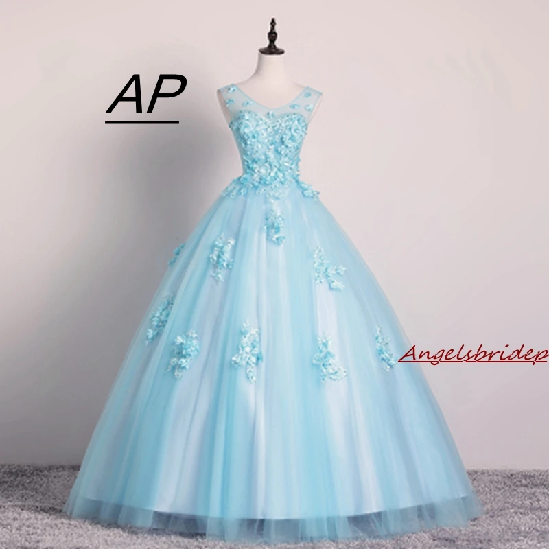 

ANGELSBRIDEP Sky Blue Tulle Ball Gown Quinceanera Dresses Pearls 3 DFlowers Vestidos De 15 Anos Princess Party Gowns Corset Back