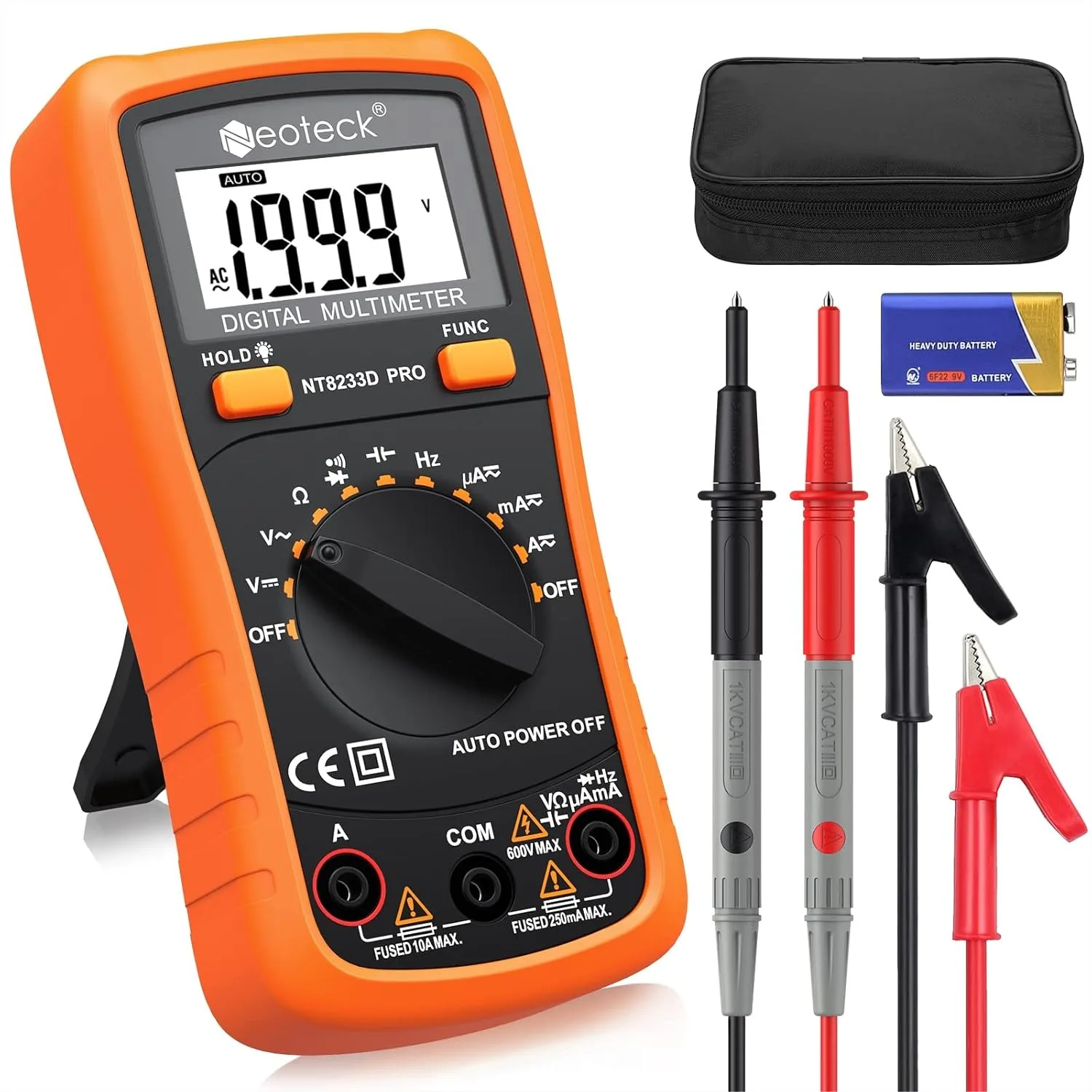 

Digital Multimeter with Auto Ranging AC/DC Voltage Current Ohm Capacitance Frequency Diode Transistor Continuity Tester Backlit