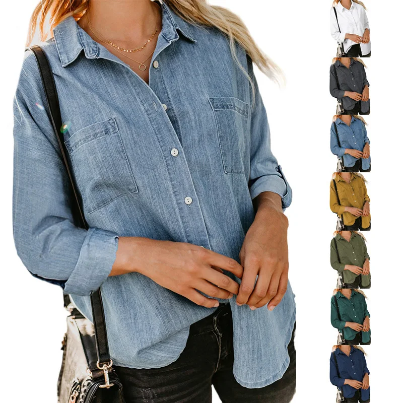 Women Spring Autumn Loose Denim Shirt Double Pockets Long Sleeve Casual Versatile Blouse Coat