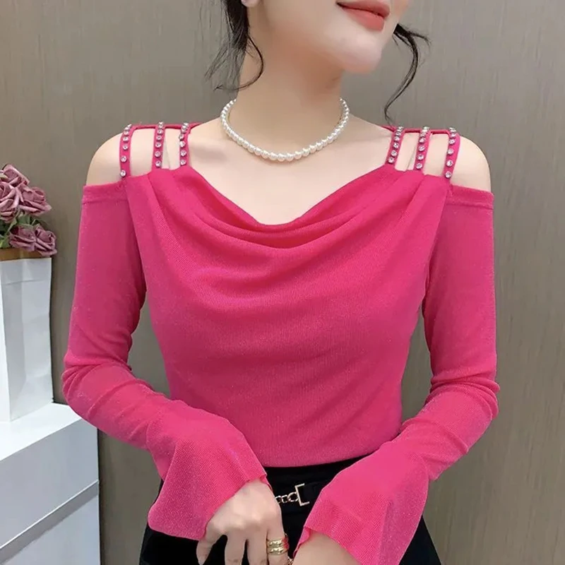 New Autumn Chic Hollow Out Diamonds Beading Long Sleeved Women's T-Shirt Elegant Draped Slim Shiny Mesh Tops Tees Blusas