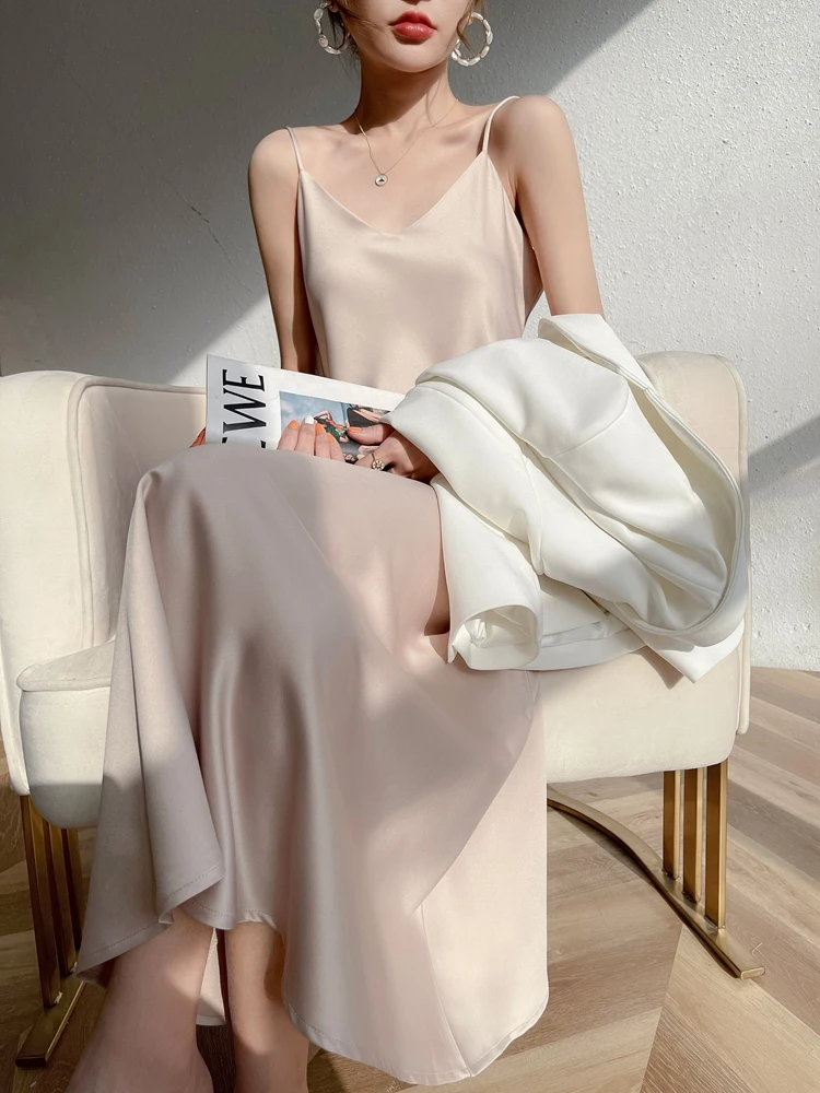 Silk Satin Strap Dr Women's Spring Summer Inner Match Suit Vinegar Long Design Sensation Slimming A-Line Skirt Dr
