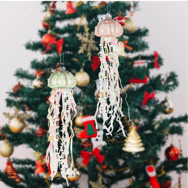 

2pcs/Set Christmas Decorations Christmas Small Gift Pendant Two Mixed Sequins Pearl Glass Jellyfish Charm 2025 New Year Gifts