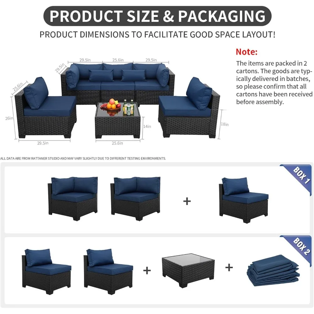 テラスセグメント化された6ピース全天候型籐テラス家具セット、屋外セグメント化されたガラステラステーブル、滑り止めパッドと