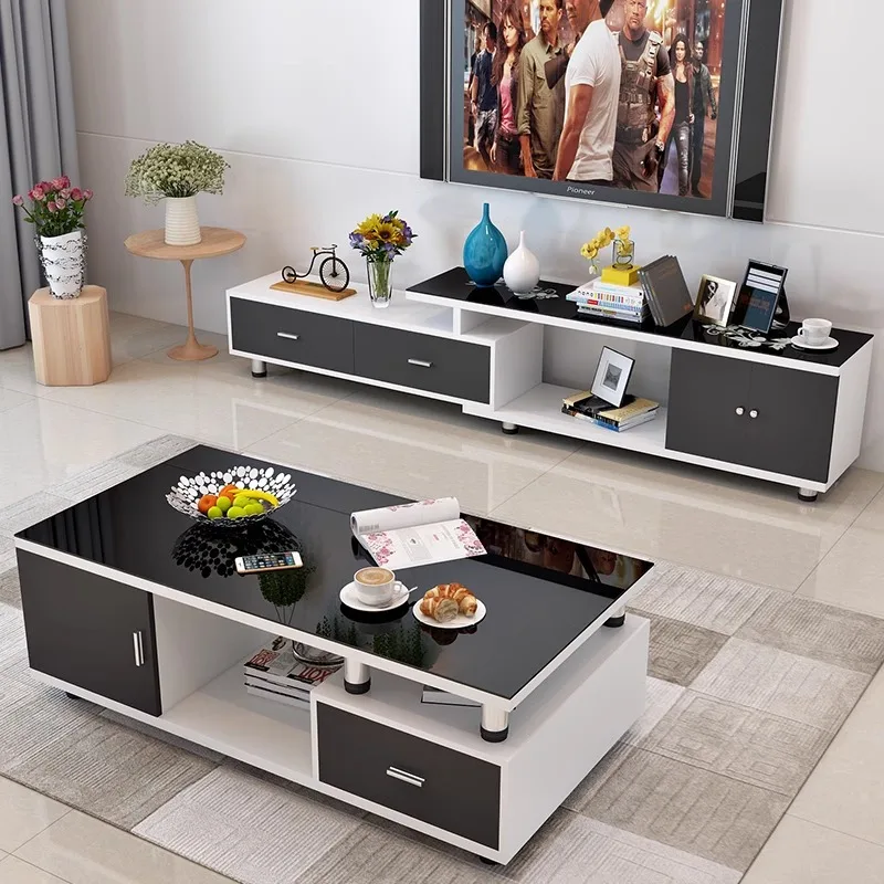 Retractable Coffee Table TV Cabinet Set Tempered Glass Nordic Living Room Floor Cabinet Small Apartment