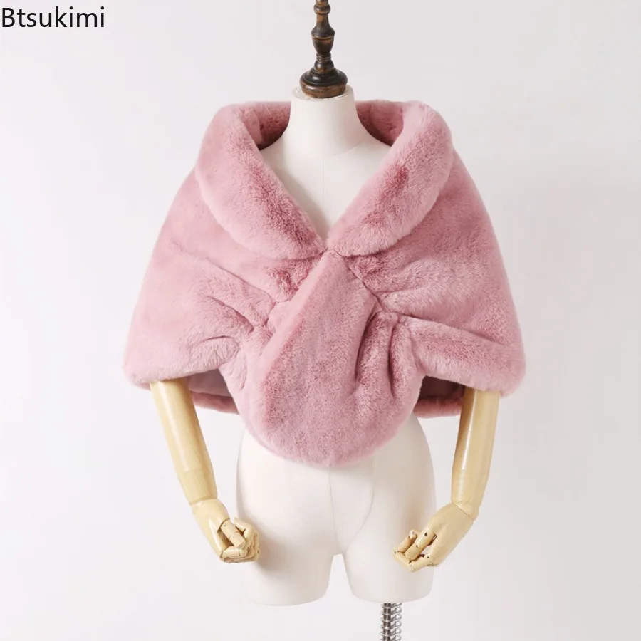 2025 شال فرو صناعي المرأة فستان الزفاف كيب الخريف والشتاء الدافئة تقليد الأرنب الفراء التفاف الزفاف مساء غطاء الكتف