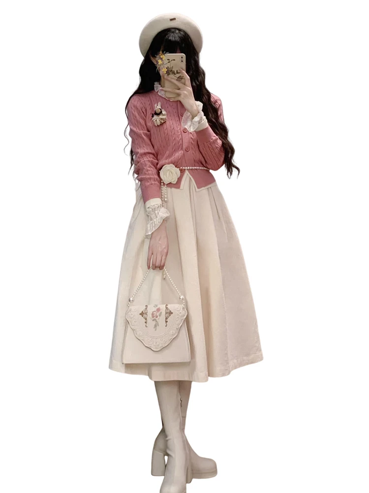 핑크 니트 롱 드레스 세트 여성용 2025년 초가을 신상 한국 스타일 분위기 있는 의류 A라인 스커트 스윗 퓨어 컬러