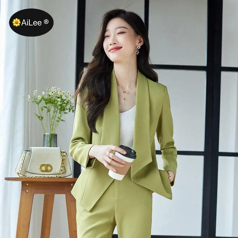 

Long Sleeve Formal Professional Women Business Suits Elegant Green Autumn Winter OL Styles Ladies Pantsuits Female Blazers Set