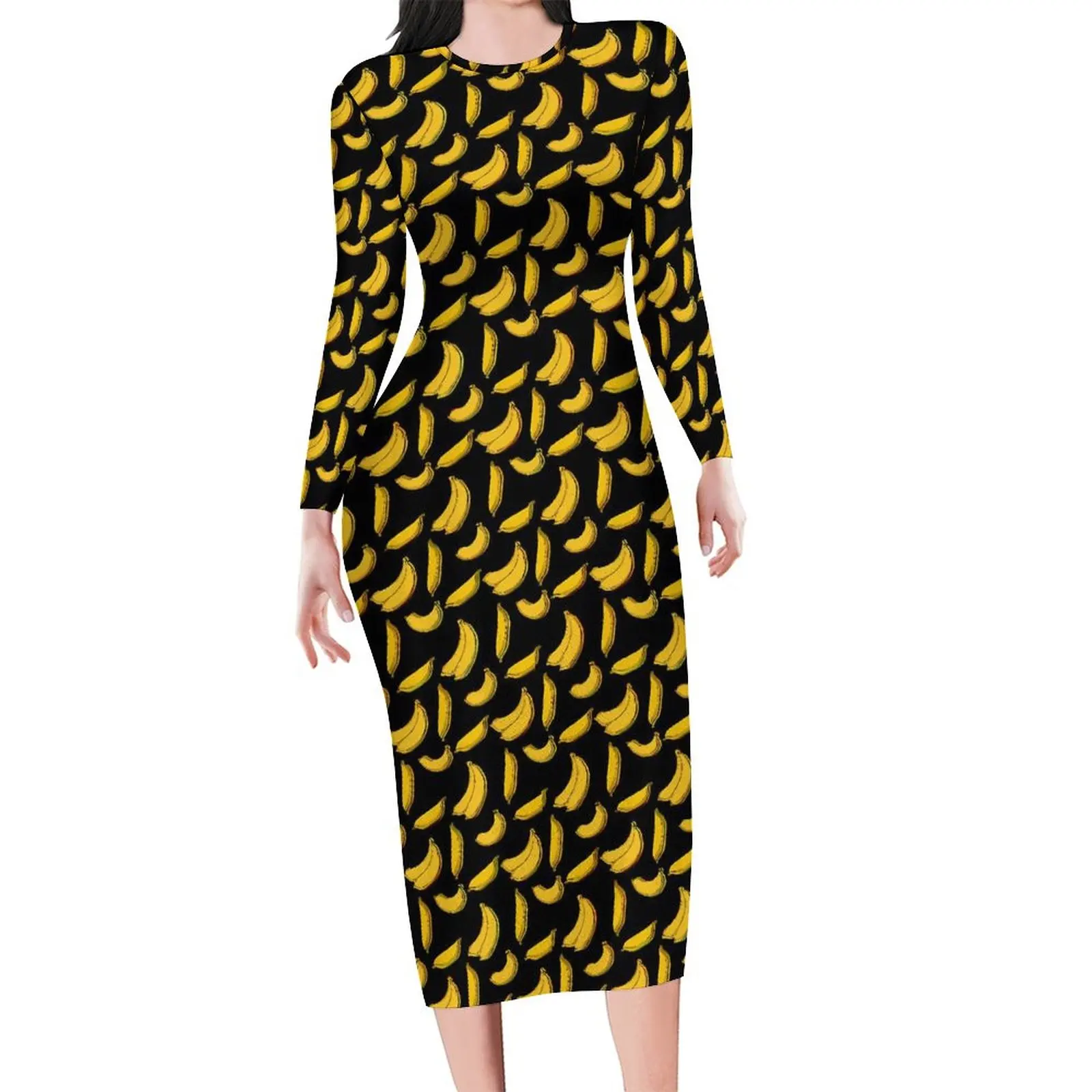 Banana Print Dress Long Sleeve Funny Fruit Street Wear Dresses Autumn Retro Bodycon Dress Woman Graphic Oversize Vestido