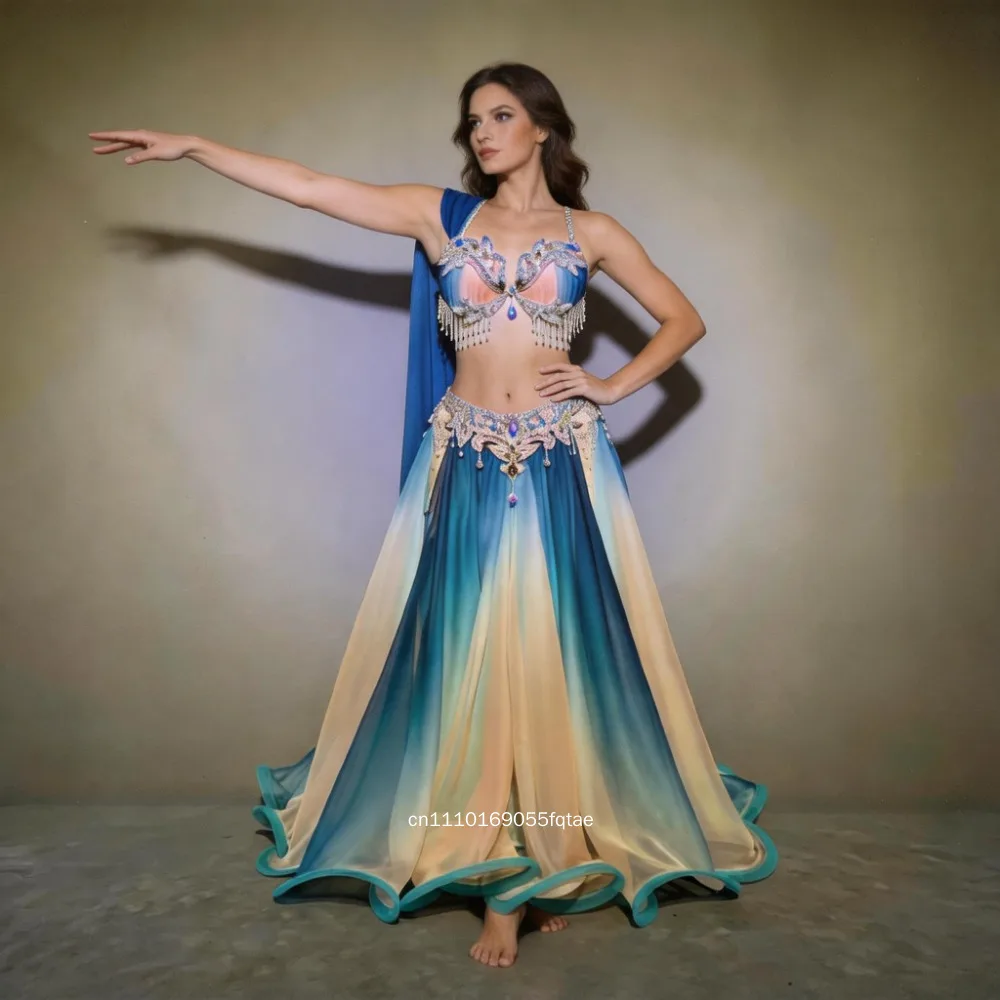 

Women Original Gradient Belly Dance Costume Flowy Big Swing Skirt Oriental Dance Outfit Professional Stage Performance Suit