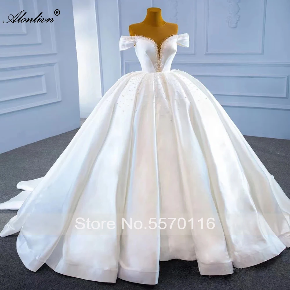 Alonlivn CUSTOM MADE A-Line Wedding Dress With Off Shoulder Sleeves Beading Pearls Satin Bridal Gown